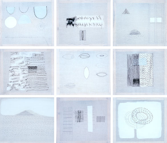 Christine Mackey, Sewing Stories, 2001. Thread, paint and pencil on cotton, Series of 9, each 25 x 29cm thumbnail